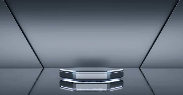 Boş altıgen ürün standı ve siver arka plan. Işıklı görüntü için fütüristik kaide. 3d Hazırlama.