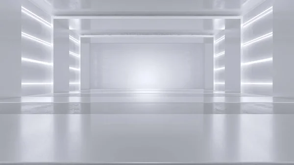 Пустая Белая Комната Неоновыми Огнями Футуристический Архитектурный Фон Туннеля Коробка — стоковое фото