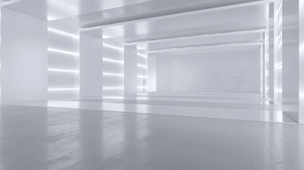 ネオンライト付きの空の白い部屋 未来的なトンネル建築の背景 金属製の壁の箱 3Dレンダリング — ストック写真