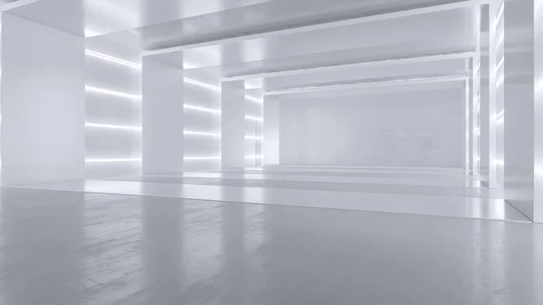 Empty white room with neon lights. Futuristic tunnel architecture background. Box with metal wall. 3d render