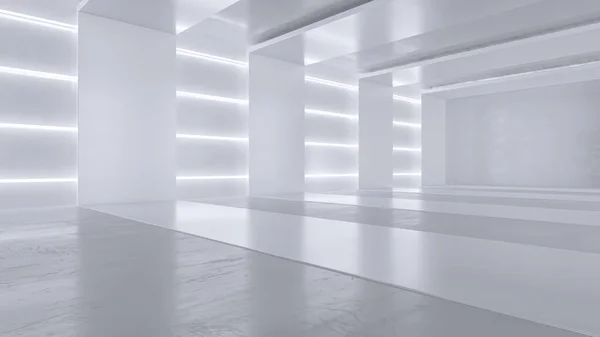Neon ışıkları olan boş beyaz oda. Gelecekçi tünel mimarisi geçmişi. Metal duvarlı bir kutu. 3d hazırlayıcı