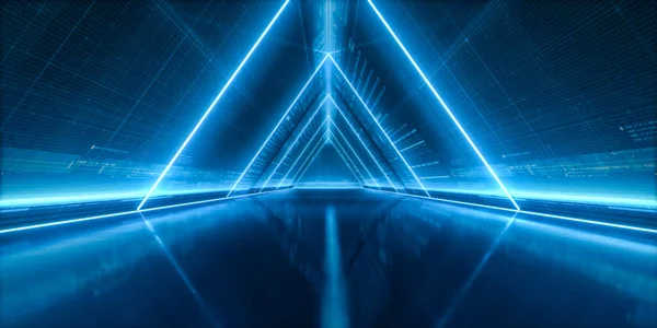 Geleceğin uzay gemisi koridoru. Soyut modern arka plan. Işıklı üçgen tünel. Bilim kurgu koridoru kavramı. 3d oluşturma.