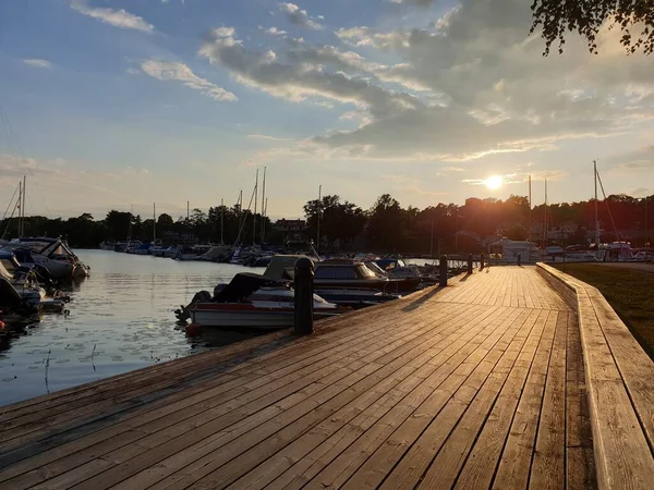 瑞典美丽的海港日落风景 — 图库照片