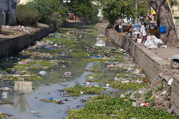 Plastik verschmutzter Fluss Indien, Tamil Nadu — Stockfoto