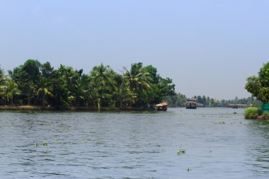 Allepey, Kerala, Hindistan, 31 Mart 2015: Tanımlanamayan Hintli adam ve turistlere tekne-evi içinde önemsizden Allapuzha şehirde yelken