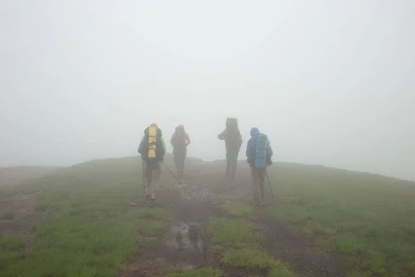 Group of tourists going with backpacks and sticks into deeply fog in the mountain. Carpathians, Ukraine. Royalty Free Stock Images