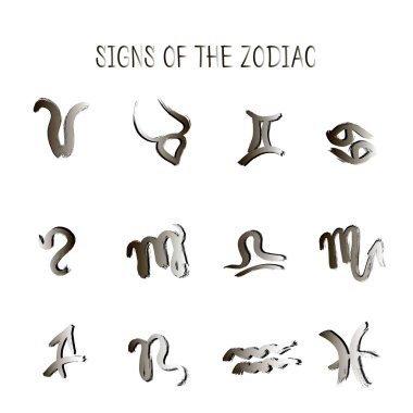 Zodiacs işaretler kümesini el ile boyalı. Astroloji grunge koleksiyonu.