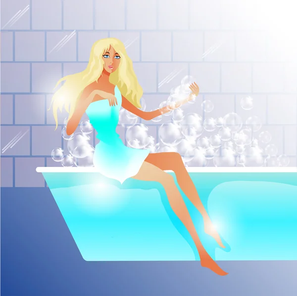 Fille dans la baignoire avec bulles de savon — Image vectorielle