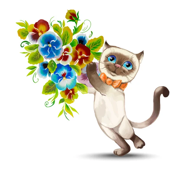 Bir buket çiçekli kedi