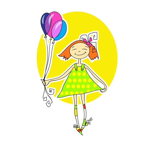 Petite fille mignonne courant avec des ballons — Image vectorielle