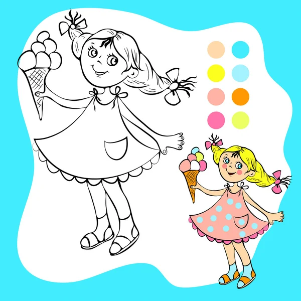 Libro para colorear - chica bonita pequeña con helado — Vector de stock