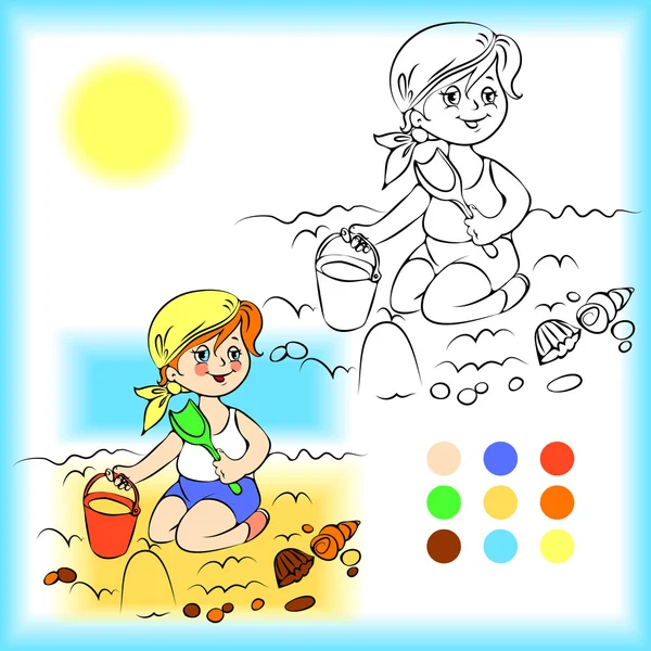 Baby on the sand coloring book — Stock Vector