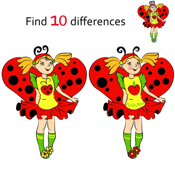 Trouvez 10 différences fille en costume coccinelle — Image vectorielle