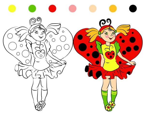 Coloriage fille en costume coccinelle — Image vectorielle