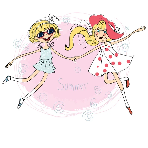 Two pretty loving girls jumping for joy — Stock Vector