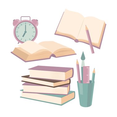 Kitaplar ve kırtasiye malzemeleri. Okula dönelim. Bir takım eşyalar. Vektör resmi.