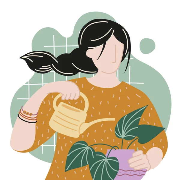 Plantas Domésticas Chica Regando Flores Interior Una Regadera Imagen Vectorial — Vector de stock