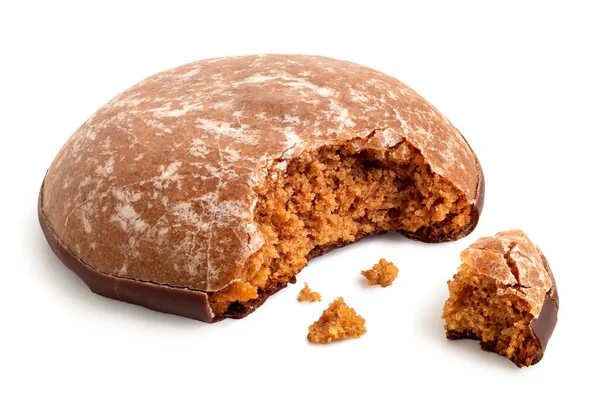 Glazed Gingerbread Lebkuchen Chocolate Isolated White Bite Missing Crumbs — Stock Photo, Image