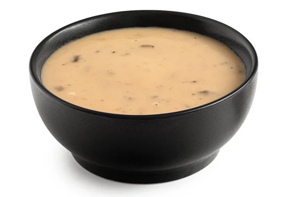 Cream Mushroom Soup Black Ceramic Bowl Isolated White Garnish — Stock Photo, Image