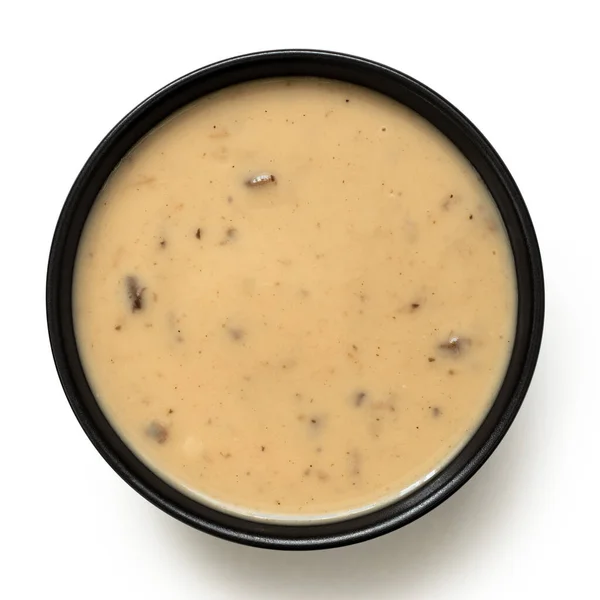 Crema Sopa Champiñones Tazón Cerámica Negro Aislado Blanco Vista Superior —  Fotos de Stock