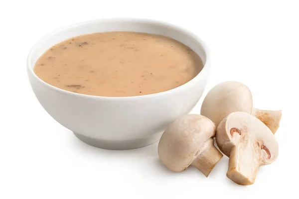 Cream Mushroom Soup White Ceramic Bowl Next Fresh Button Mushrooms — Stock Photo, Image