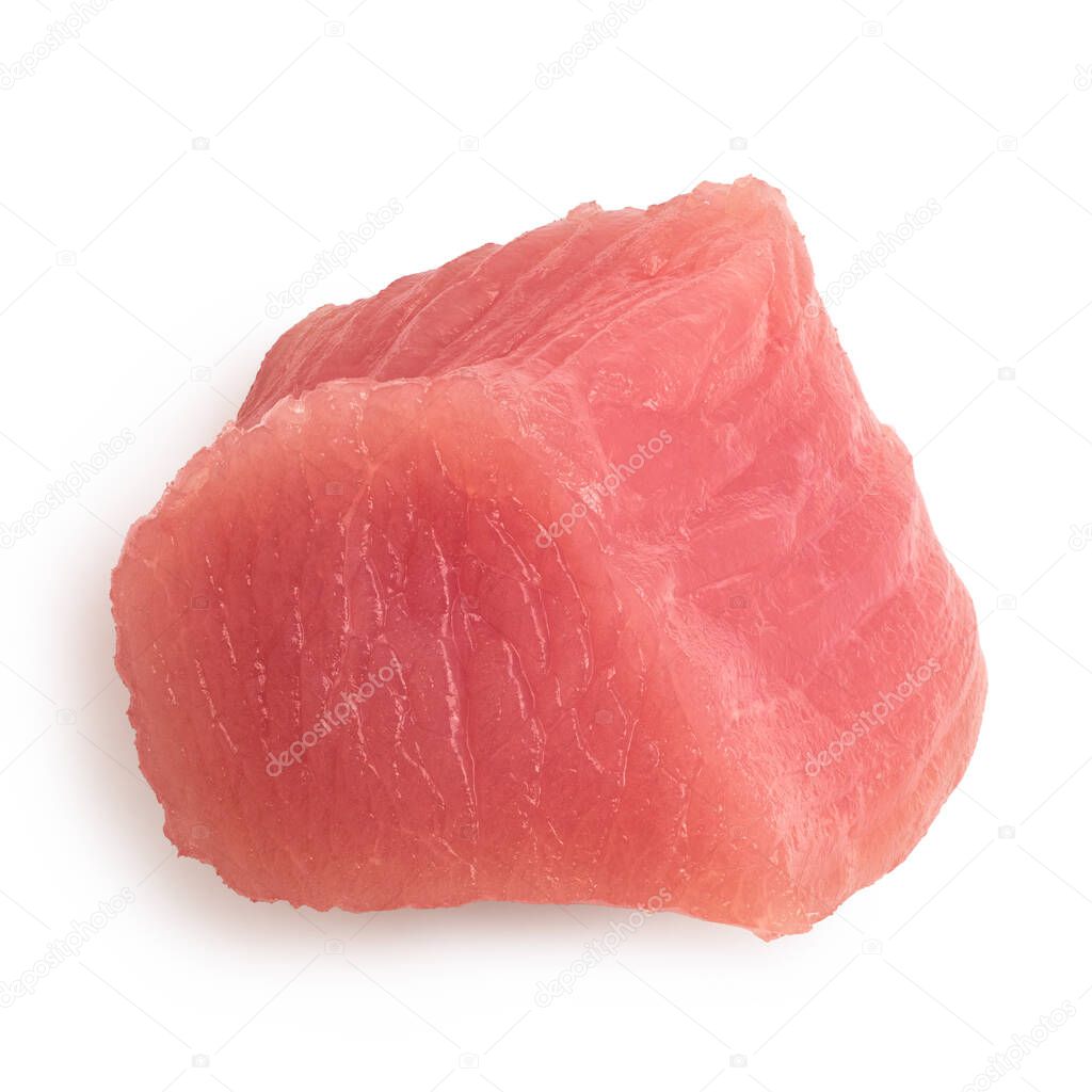Single cut square of raw turkey breast isolated on white.Top view.