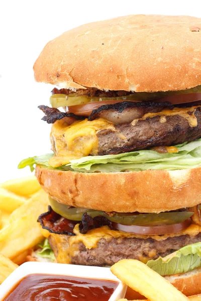 Cheeseburger duplo e batatas fritas — Fotografia de Stock