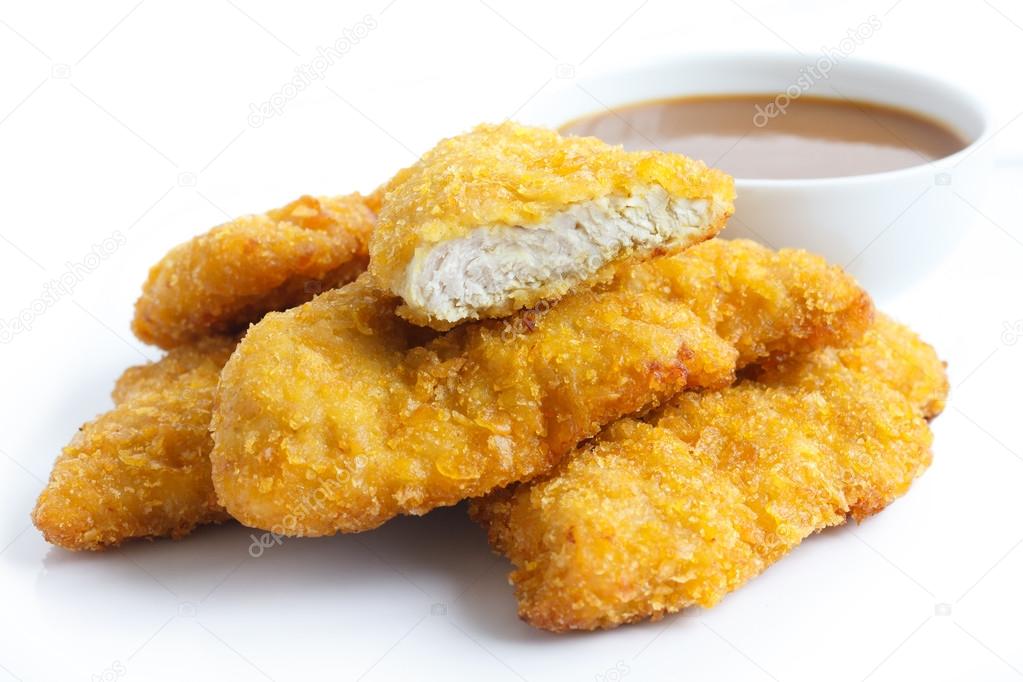 Golden fried bread crumbed chicken strips.
