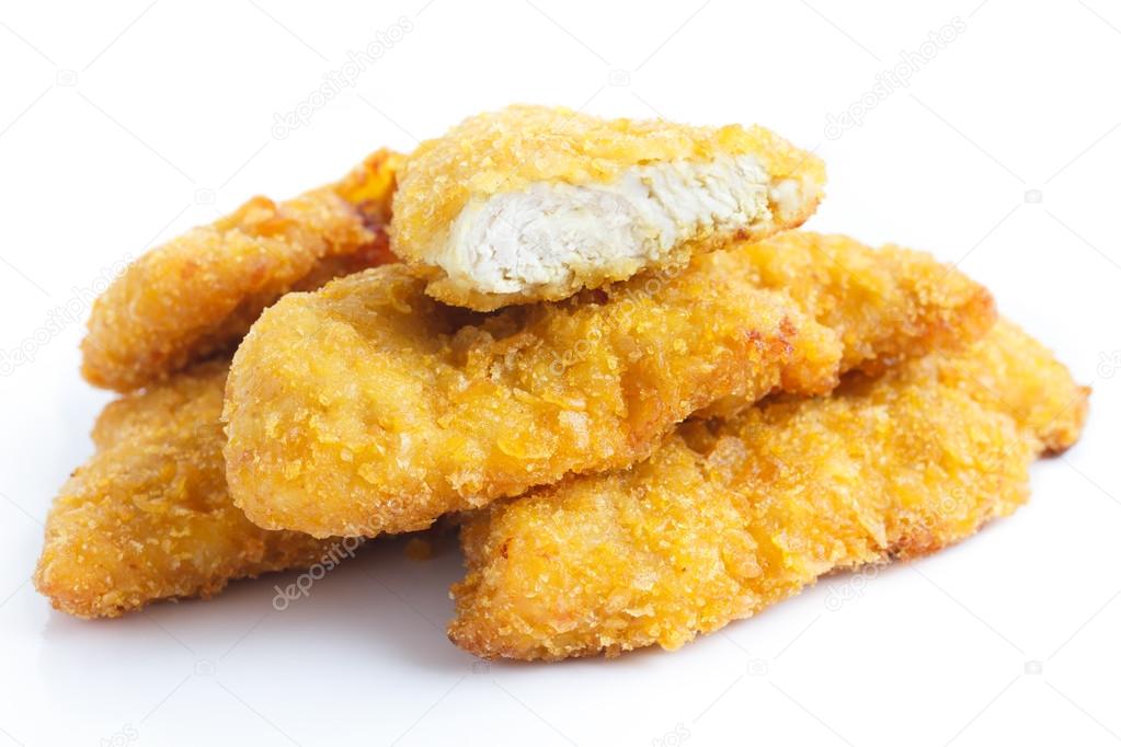 Golden fried bread crumbed chicken strips.