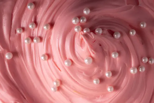 Pink Icing Frosting Small Pearl Sprinkles Close Texture — Stock Photo, Image