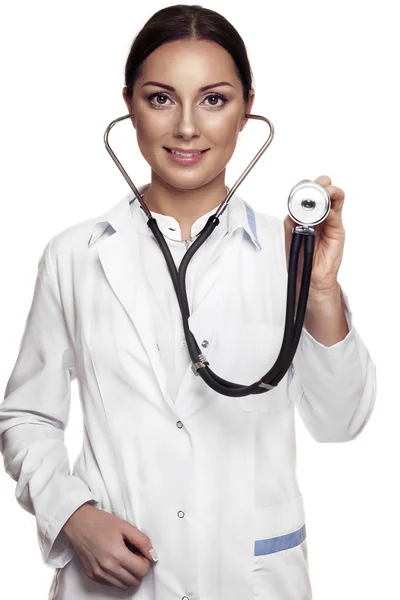 Femme médecin examen avec stéthoscope — Photo