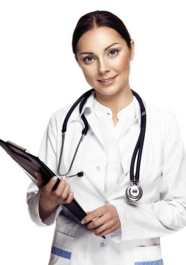 Pano tutarak ve gülümseyen güzel genç kadın doktor