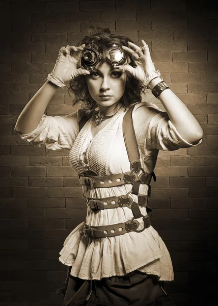 Redhair girl with steampunk goggles. Old-fashioned. — Stock Photo, Image