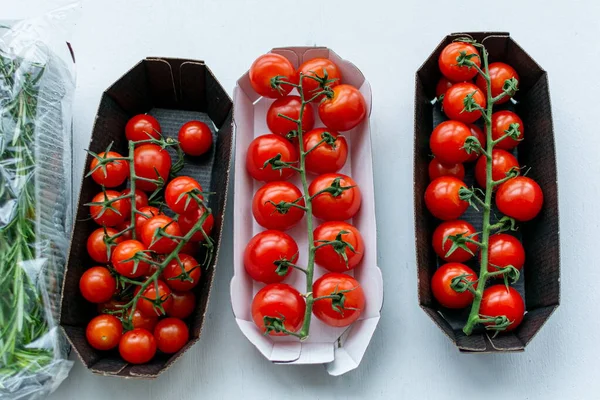 Färska, röda tomater på en kvist ligger i brickor. Stockfoto