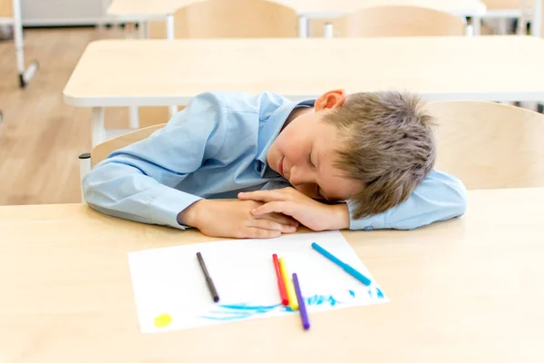 De student viel in slaap aan zijn bureau, moe van de kennis. — Stockfoto