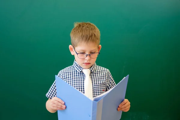 Een jongen met een bril en een geruit shirt staat bij het groene schoolbord en leest een lesboek.. — Stockfoto