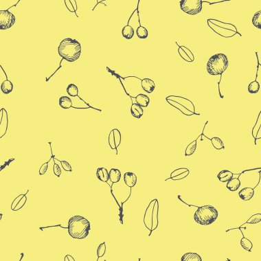 Sarı arka planda kusursuz kış meyveleri. Yaprak ve böğürtlen çizimi..