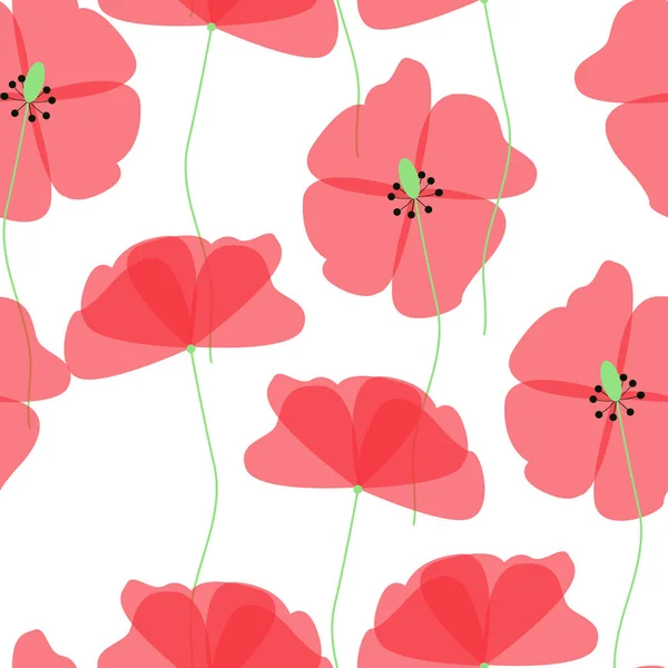 红色的罂粟 有雄蕊的白色背景 无缝图案 — 图库矢量图片