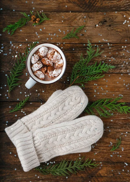 Composição Acolhedora Inverno Flat Lay Com Mitene Caneca Com Chocolate — Fotografia de Stock