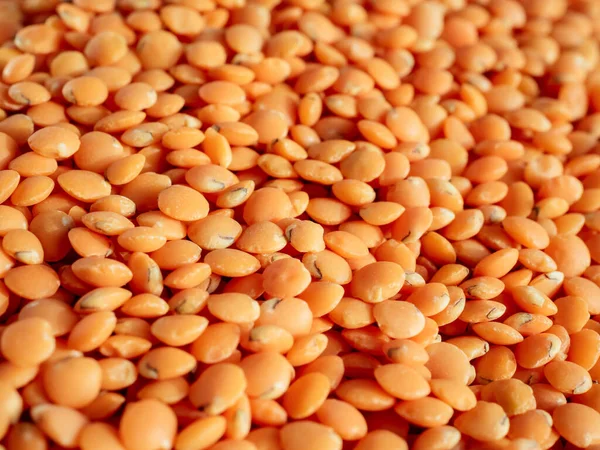 Lentilhas vermelhas como pano de fundo. Textura Masoor Dal. Foco suave. Composição colorida e elegante. Super comida vegetariana. Alimentação saudável e dieta. Vista macro da lentilha laranja canadense — Fotografia de Stock