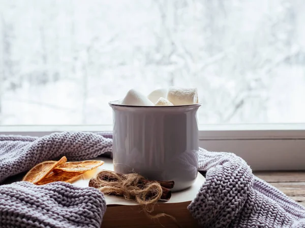 Entspannter Wintertag Hause Mit Traditionellem Winterheißgetränk Kaffee Mit Marshmallows Zimt — Stockfoto