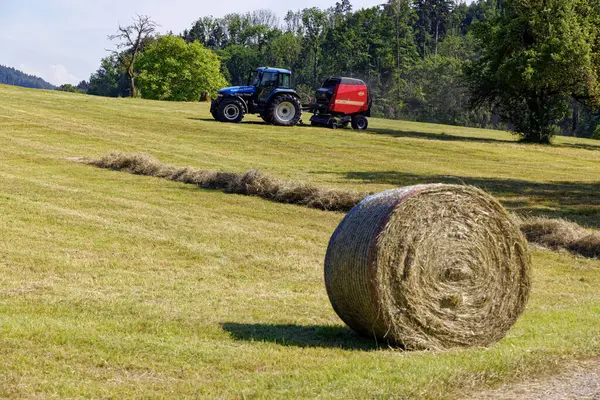 Aadorf Švýcarsko Června 2021 Modrý Traktor Červeným Přívěsem Poli Zemědělský — Stock fotografie