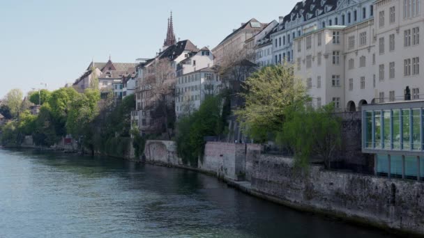 Basel Switzerland April 2021 Rhine Bank Side View Old Town — Stock Video
