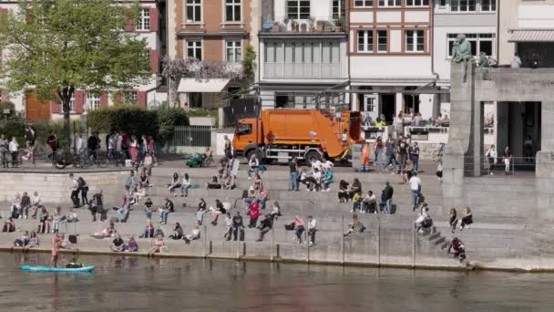 Basel Switzerland April 2021 Rhine Bank Garbage Collection Disposes Waste — Stock Video