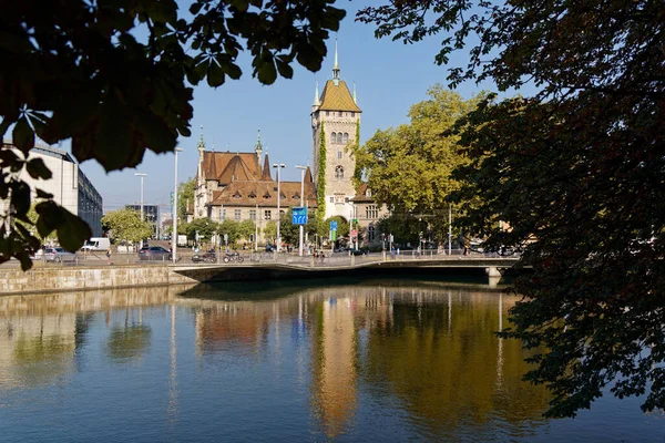 National Landes Museum Zurich Kilátás Limmatquai Walche Híd Egy Őszi — Stock Fotó