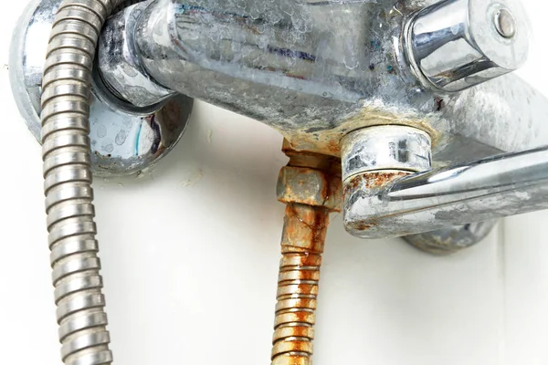 Faucet Mixer Hose Bathroom Rusty Dirty Calcined Limescale Close Side — Stock Photo, Image