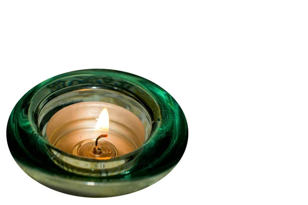 Burning Candle Green Glass Candlestick White Background Best Assistant Relaxation — Photo