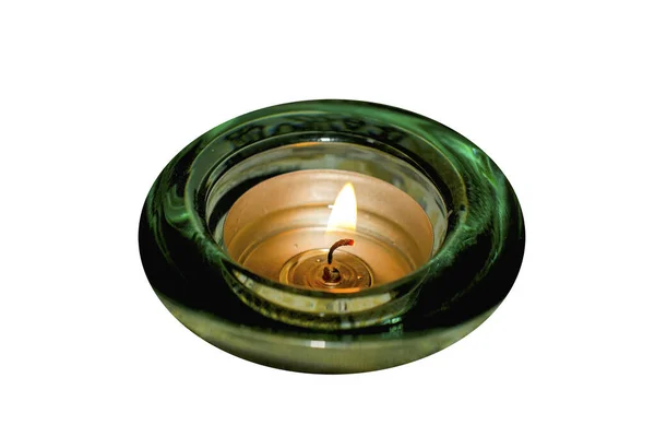 Brennende Kerze Einem Grünen Glasleuchter Auf Weißem Hintergrund Der Beste — Stockfoto