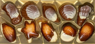 Great design and luxurious taste of delicious chocolates. Wonderful way to magically lift your spirits. Appetizing and delicious chocolate candies on a golden background. Stock photo.