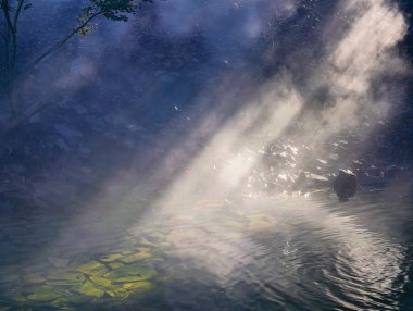 Suyun Üzerinde Doğal Sıcak Bahar Buharı Yükseliyor. Sıhhatli ve Doğa Seyahati İçeriği İçin Kayalıklı Jeotermal Peyzaj. Ultra Yüksek Çözünürlük.